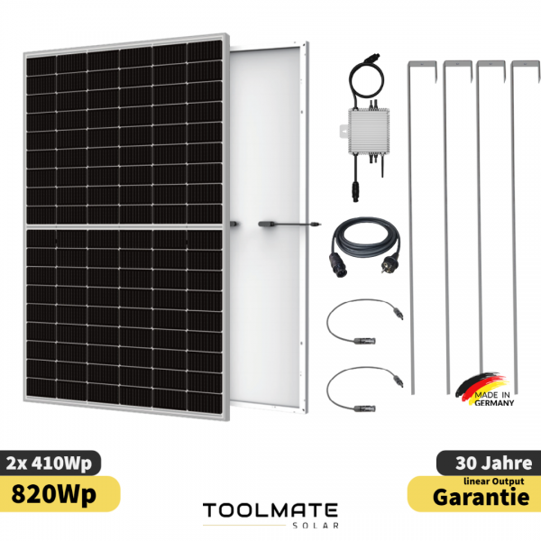 TOOLMATE Balkonkraftwerk Premium 820W Photovoltaik Komplettset - Solaranlage 2x 410Watt mit Zubehör
